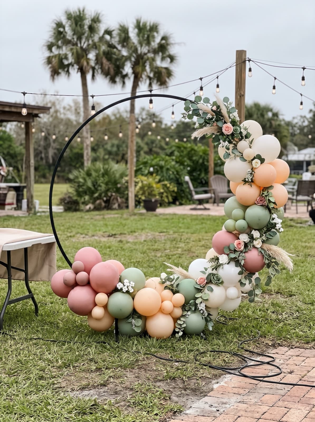 Balloon hoop backdrop with florals on a lawn