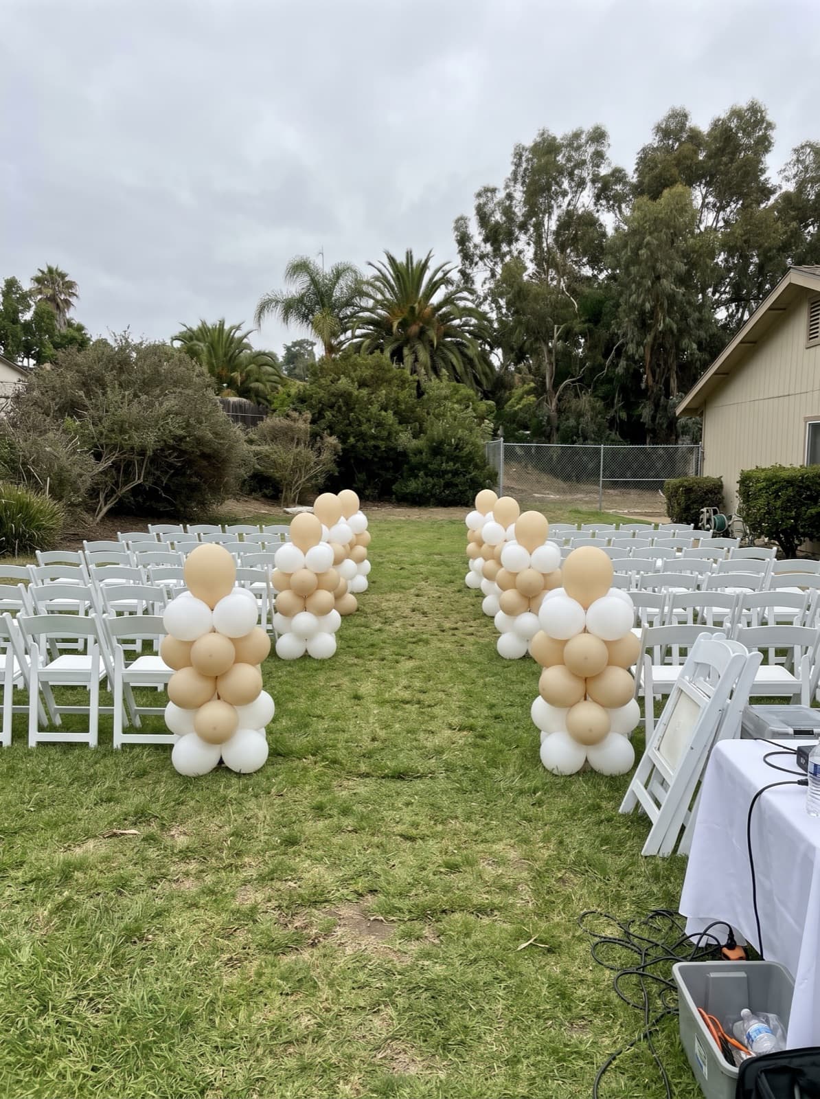 Organic balloon columns lining an outdoor ceremony aisle