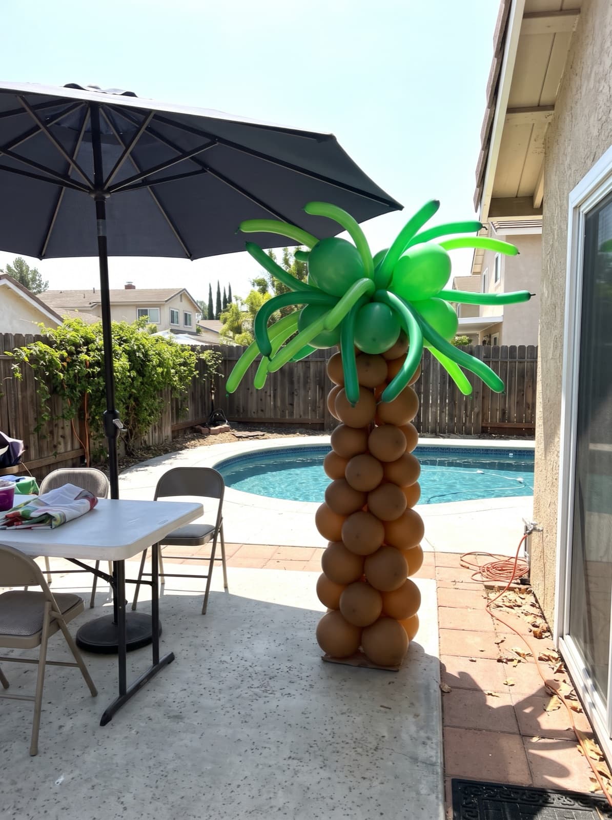 Palm tree balloon column beside a backyard pool