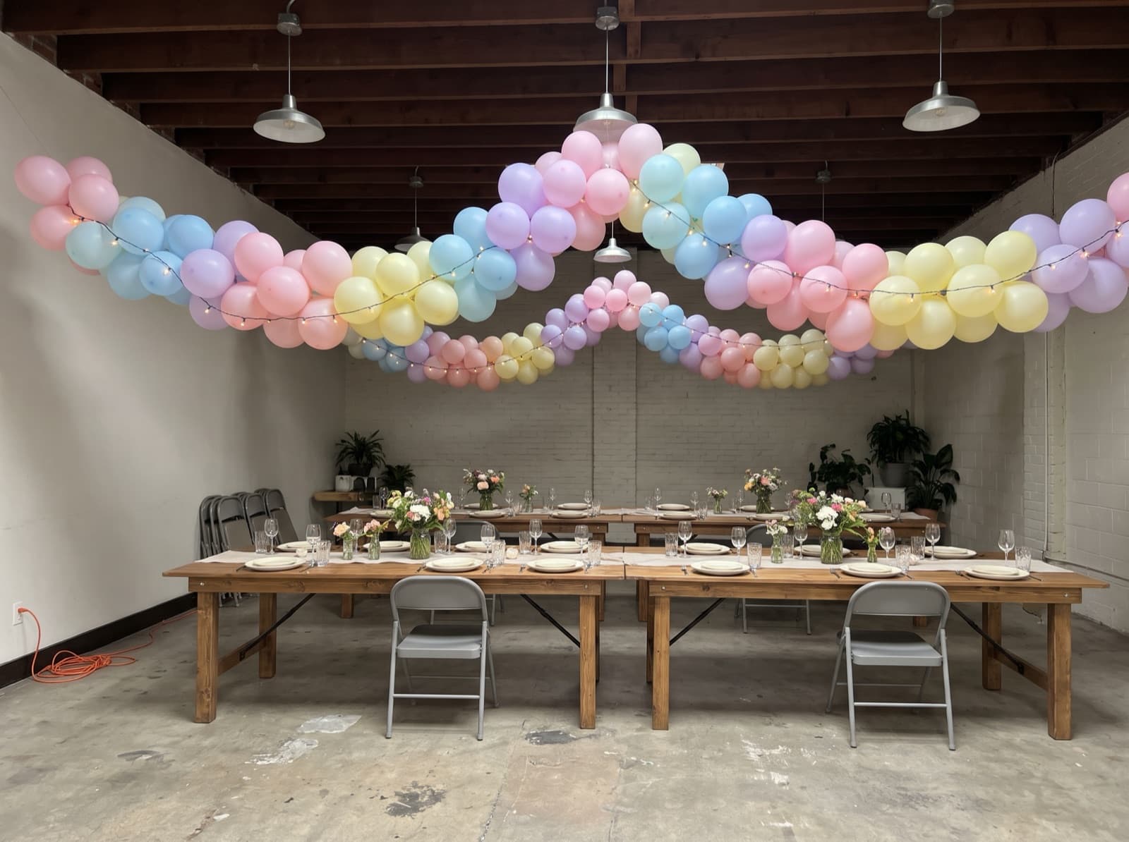 Hanging balloon garland canopy over dining tables