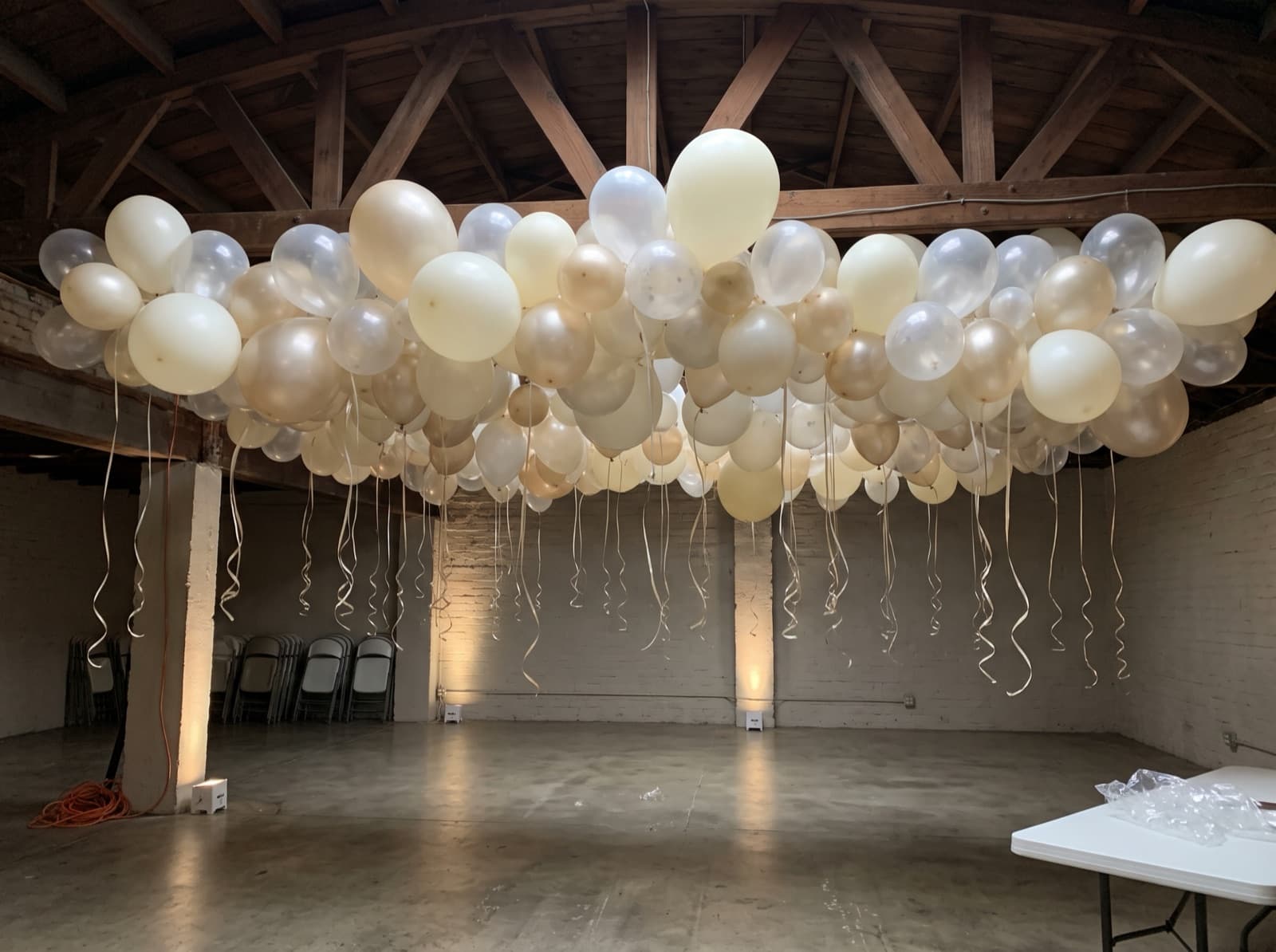Balloon ceiling of ivory, clear and champagne balloons over a dance floor in a San Diego event hall