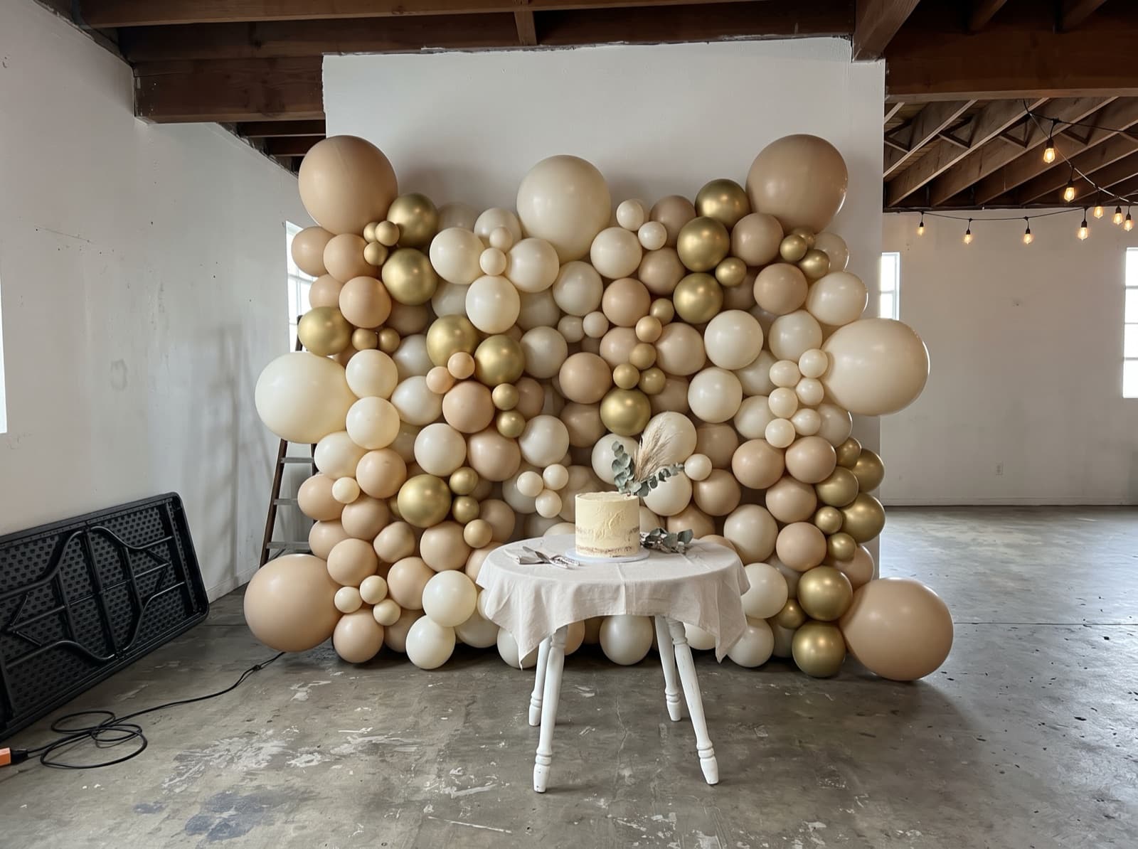 Organic balloon wall in sand, ivory and gold behind a cake table at a San Diego event space